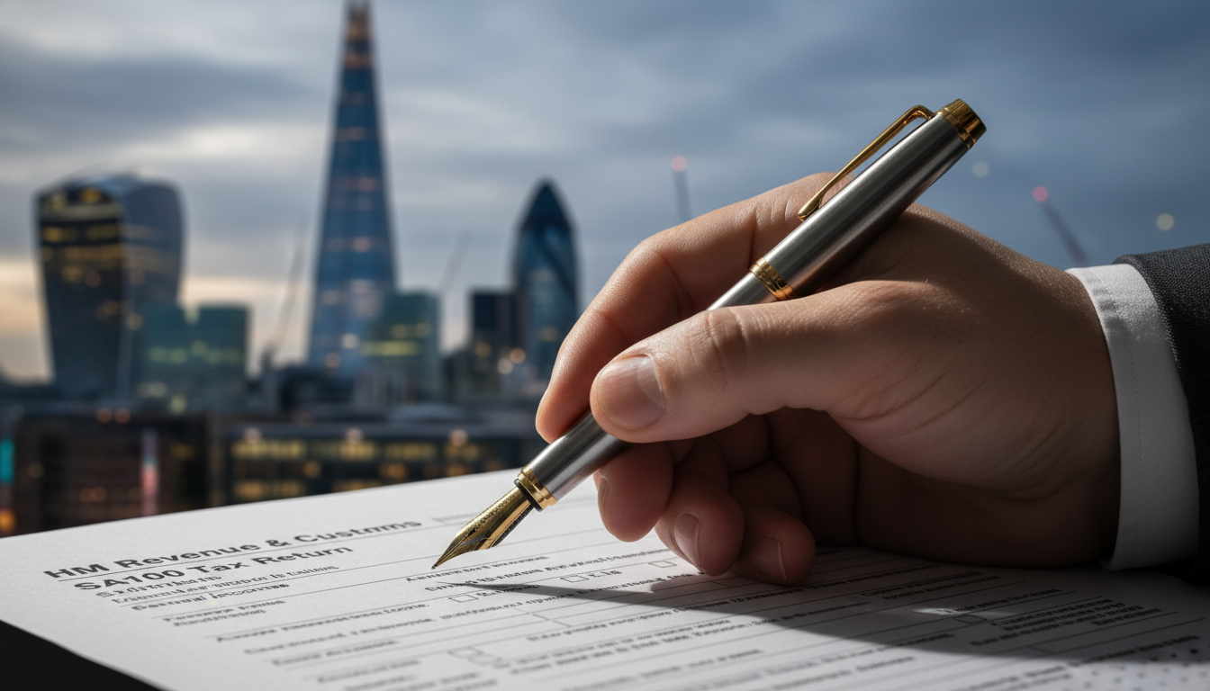 A photorealistic close-up of a professional hand holding a fountain pen, hovering over a UK tax return form with a blurred background of the London financial district skyline including the Shard, high contrast, professional lighting 8k resolution
