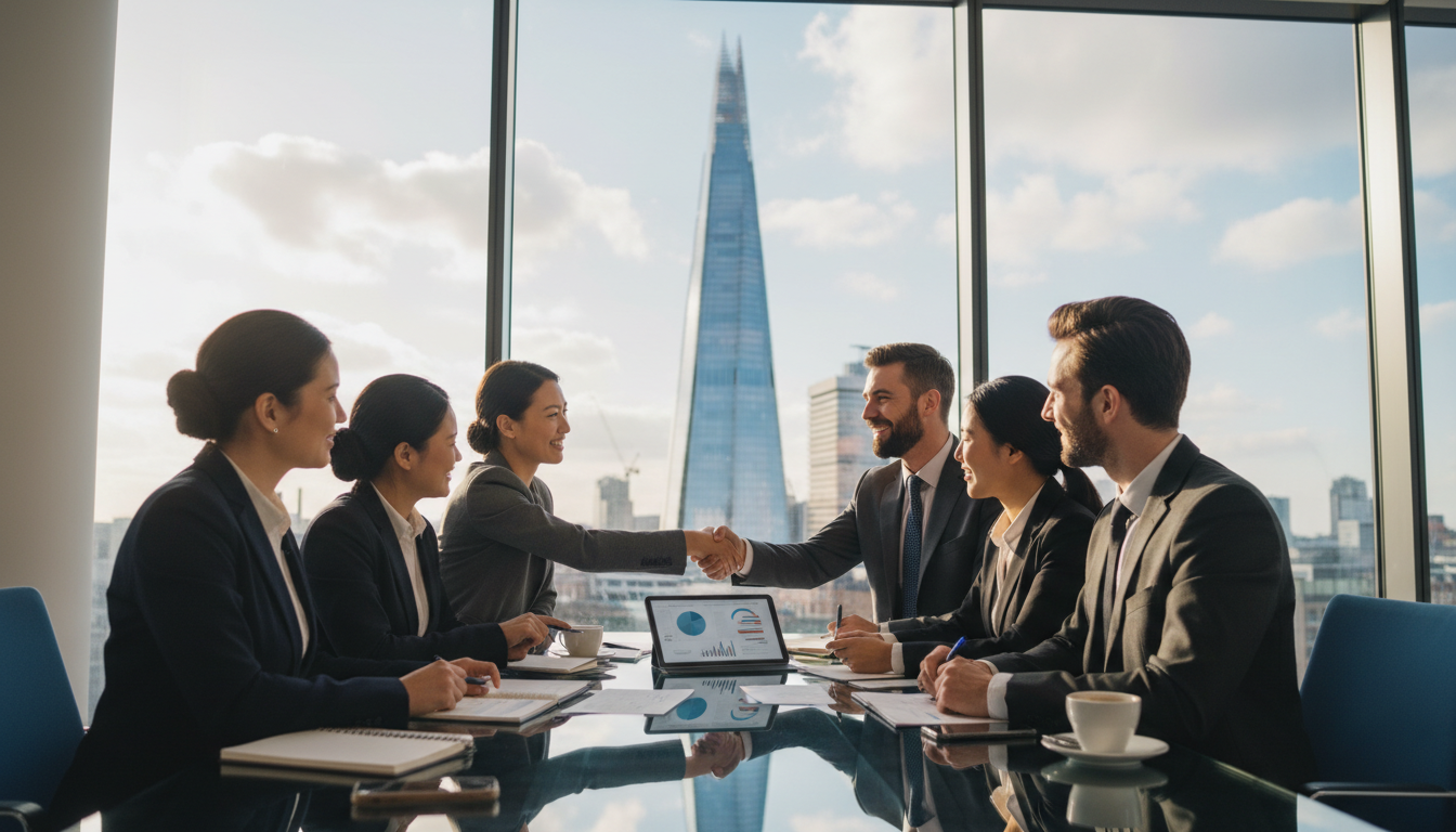 A photorealistic image of a professional business meeting in a modern, glass-walled office in London with the Shard visible in the background. A diverse group of business people, including an expat client and a consultant, are reviewing documents on a tablet, smiling and shaking hands. The lighting is natural and bright, conveying success and professionalism.