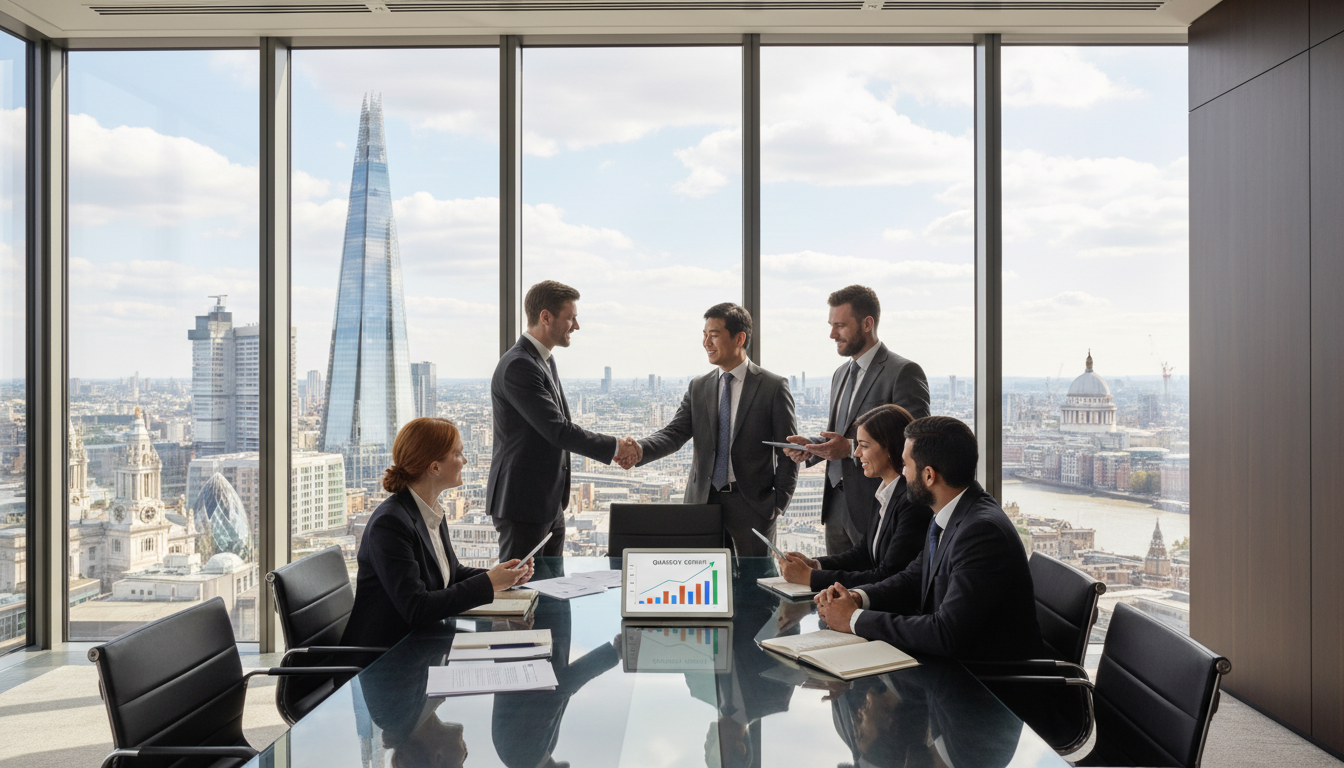 A photorealistic image of a modern, high-rise office boardroom in London with a view of The Shard and the city skyline through floor-to-ceiling windows. A diverse group of business professionals in suits is shaking hands over a sleek glass table featuring documents and a digital tablet displaying a growth chart. The lighting is natural and professional.