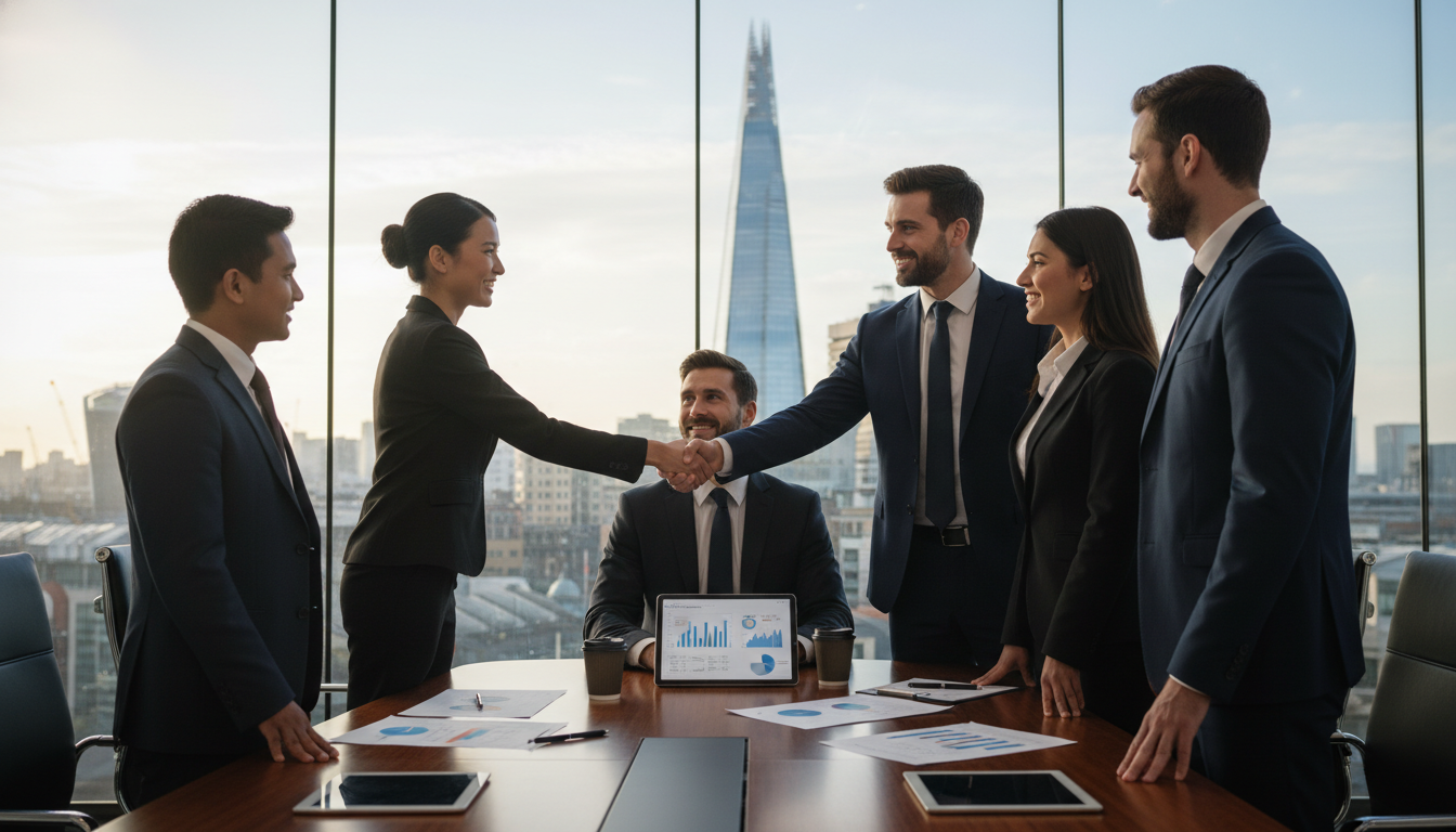 A photorealistic image of a diverse group of professional expatriate entrepreneurs in a modern, glass-walled London office with a view of The Shard. They are shaking hands with a business consultant over a sleek conference table covered with business plans and digital tablets, symbolizing successful business formation.