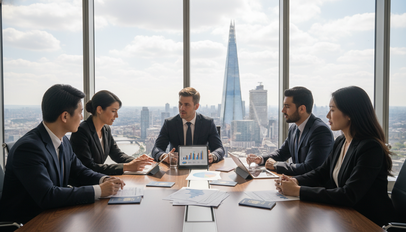 A photorealistic image of a diverse group of business professionals in a modern, glass-walled conference room in London. Through the window, the iconic London skyline including The Shard is visible. On the table, there are passports, visa application forms, and digital tablets displaying charts. The lighting is natural and professional, emphasizing a corporate atmosphere.